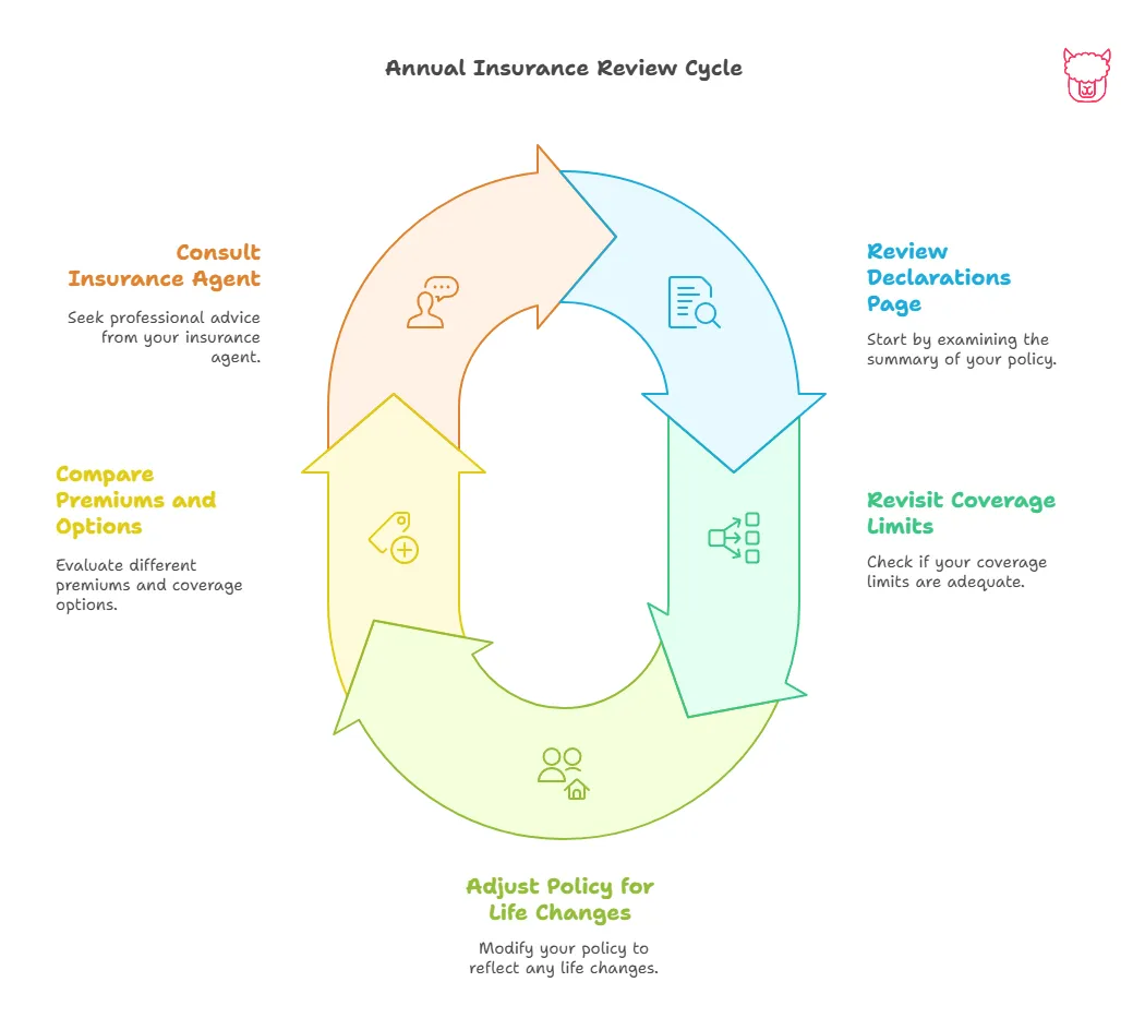 A diagram displaying an Annual Insurance Review Cycle: Review Declarations Page, Revisit Coverage Limits, Adjust Policy Life Changes, Compare Premiums and Options, Consult Insurance Agent