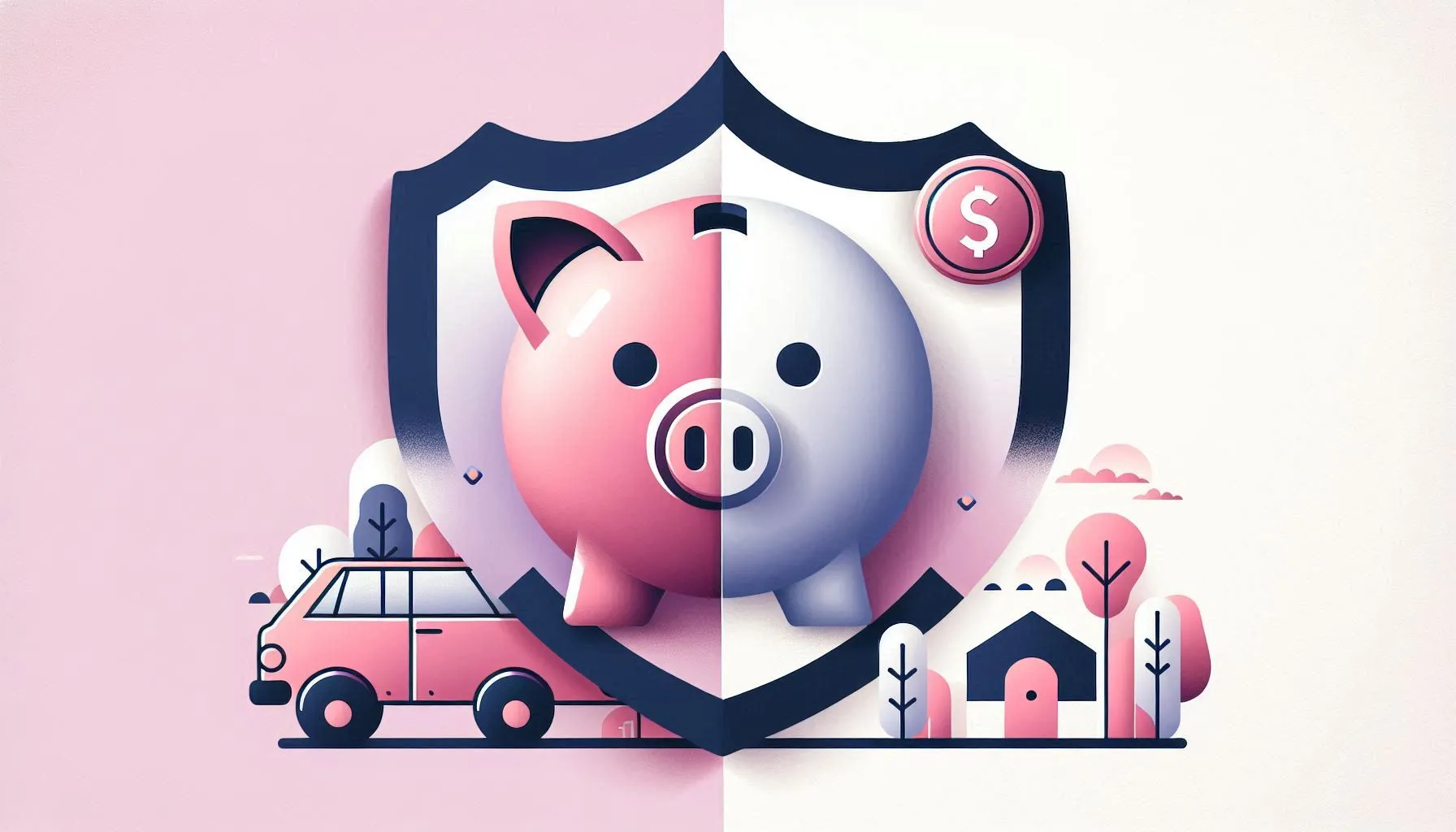 A split-screen image showing a piggy bank with a car silhouette, divided by a shield symbol.