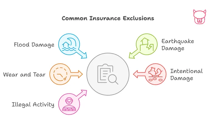 A diagram depicting common insurance exclusions in a circle around a policy document: Earthquake Damage, Intentional Damanage, Illegal Activity, Wear and Tear, Flood Damanage
