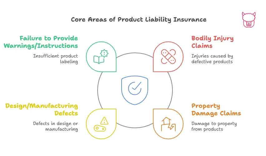 A infographic with four parts that form the core of Product Liability Insurance: Bodily Injury, Property Damanage, Design/Manufacturing Defects, Failure to Provide Warnings/Instructions
