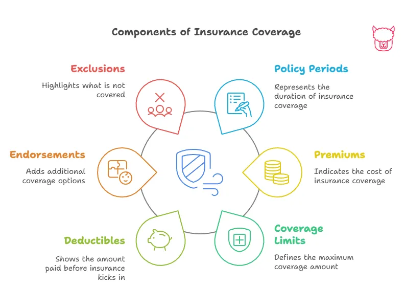 Components of Insurance Coverage A diagram depicting a six components of insurance coverage: Policy Periods, Premiums, Coverage Limits, Deductibles, Endorsements, and Exclusions