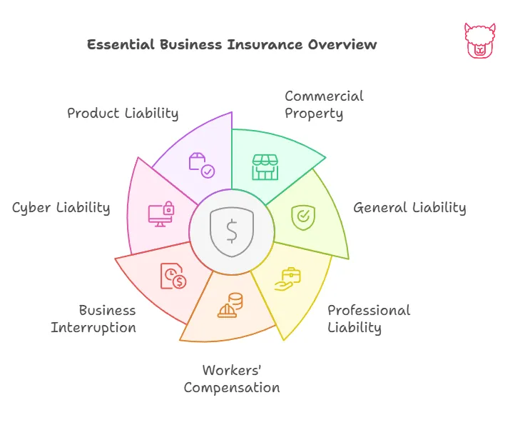 Business Insurance Selection Guide A diagram depicting a seven business insurance products that form the essential coverages needed by an organization: Property Insurance, General Liability, Professional Liability, Worker's Compensation, Busienss Interrumption, Cyber Liability, and Product Liability