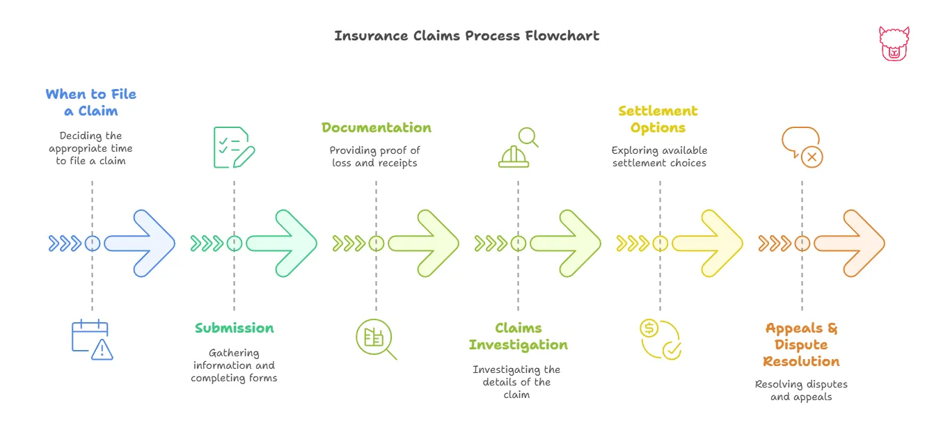 Insurance Claims Process Flowchart A flow diagram depicting steps of The Claims Process: Whne tp File a Claims, Submission, Documentation, Claim Investigation, Setlement Options, Appeals & Dispute Resolution