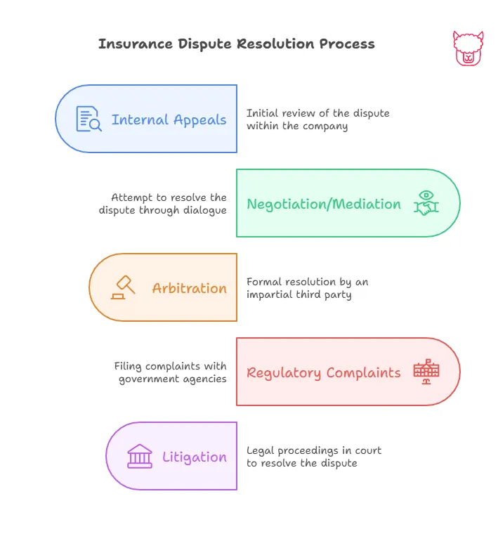 Insurance Dispute Resolution Process A diagram displaying steps for the Insurance Dispute Resolution Process: Internal Appeals, Negotiation/Mediation, Arbitration, Regulatory Complaints, Litigation