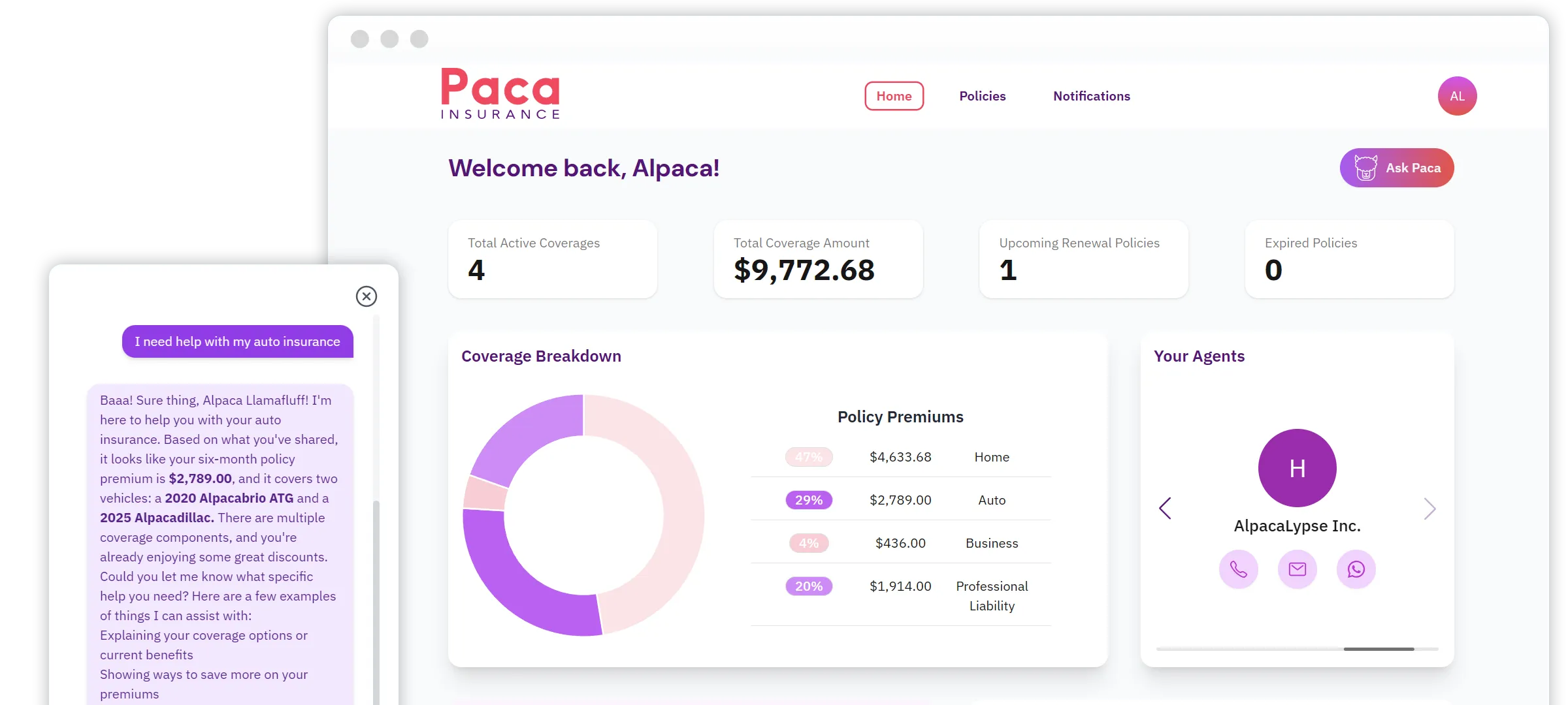 Paca Insurance platform showcasing the new user interface and quote comparison tool.
