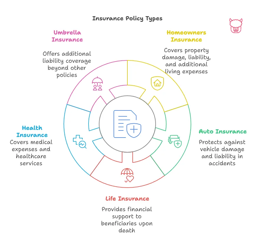 Personal Insurance Policy Types A diagram depicting a five personal insurance products that form the essential coverages needed by an individual or family: Homeowners, Auto, Life, Health, and Umbrella