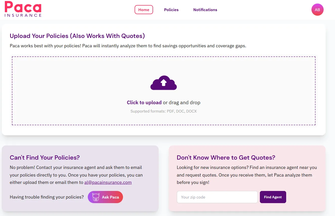 Paca Insurance Upload Policies Feature Paca Insurance upload policies