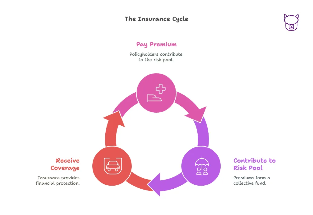 The Insurance Cycle A diagram displaying three steps of The Insurance Cycle: Pay Premium, Contribute to Risk Pool, Receive Coverage