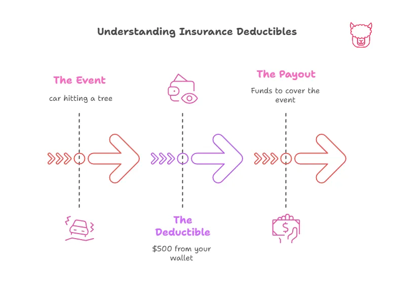Understanding Insurance Deductibles A flow diagram depicting thre arrows for understanding insurance deductibles: The event (car hitting a tree), The Deductible ($500 from your wallet), The Payout (funds to cover the event)