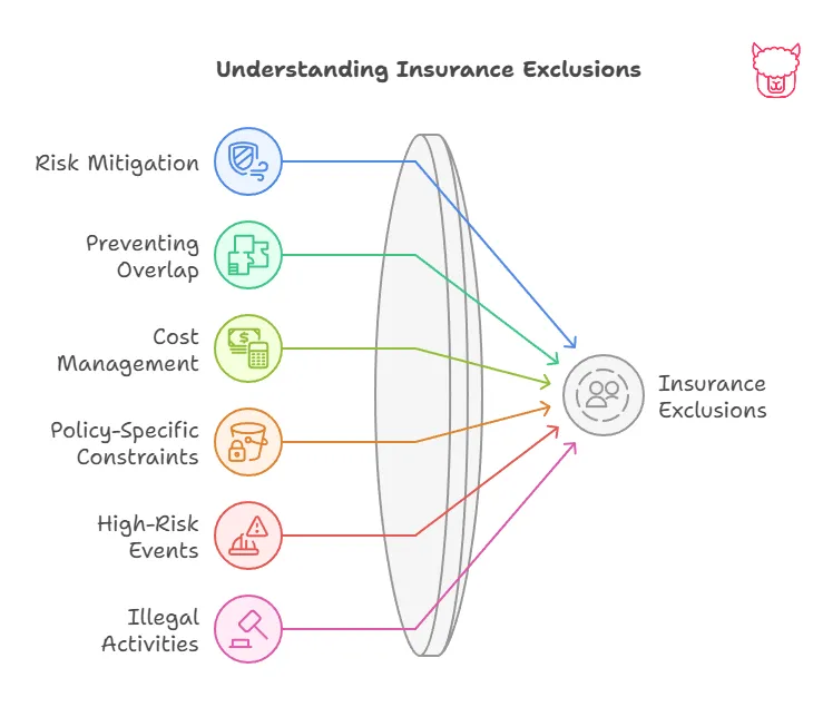 Understanding Insurance Exclusions A diagram displaying some of the items typically drive insurance exclusions: Risk Mitigation, Preventing Overlap, Cost Management, Policy Centric Contraints, High-Risk Events, Illegal Activities